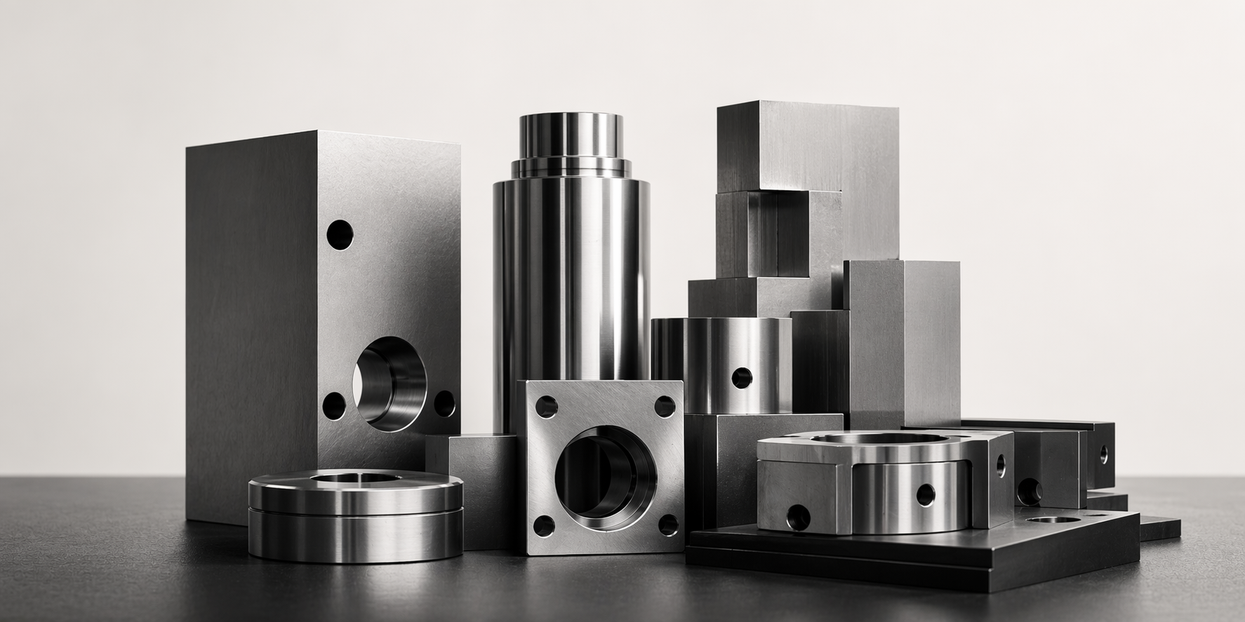 Stack of machined steel blocks and cylindrical parts on a dark surface