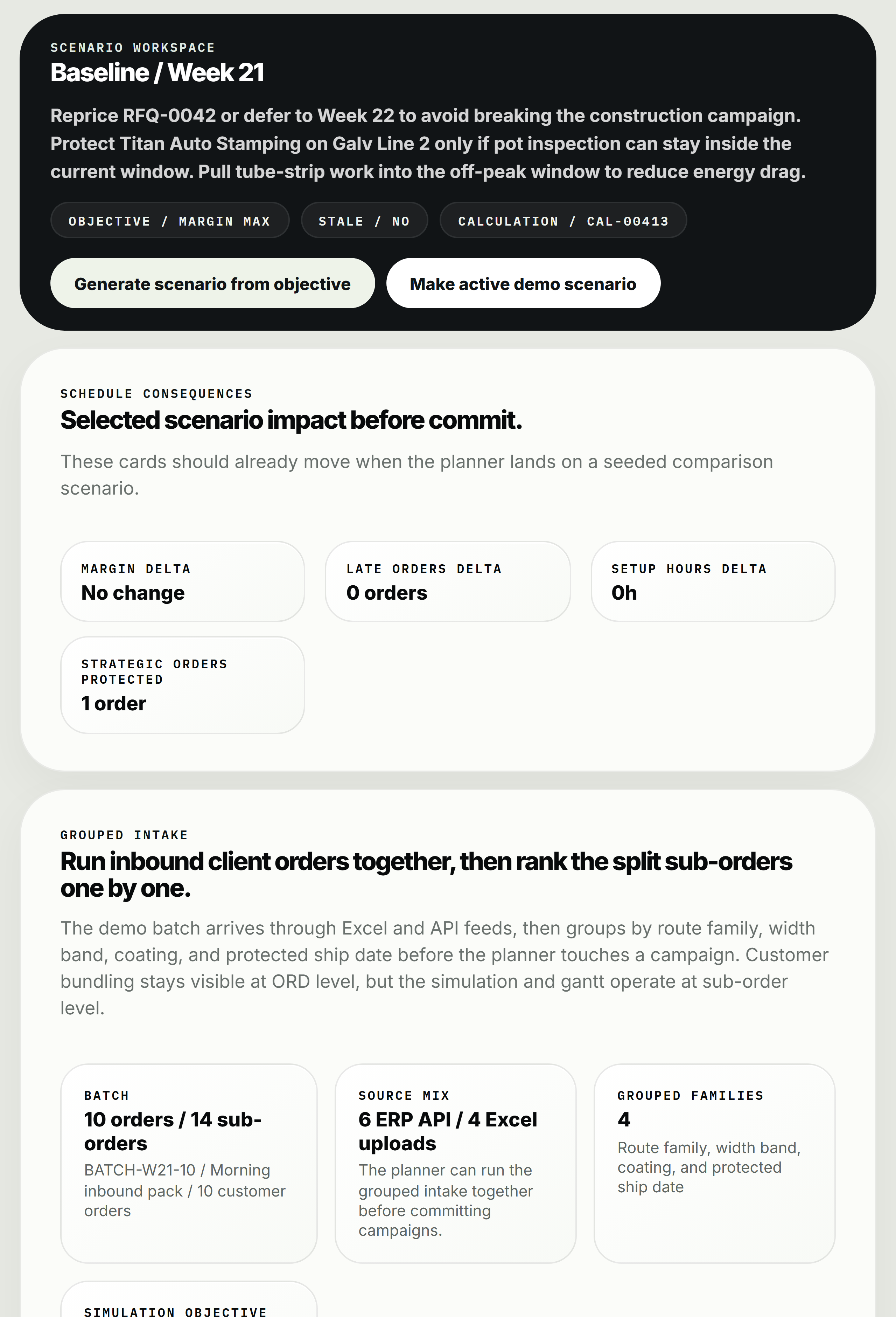 Baseline Week 21 screenshot showing scenario workspace, schedule consequences, grouped intake, and quarter impact
