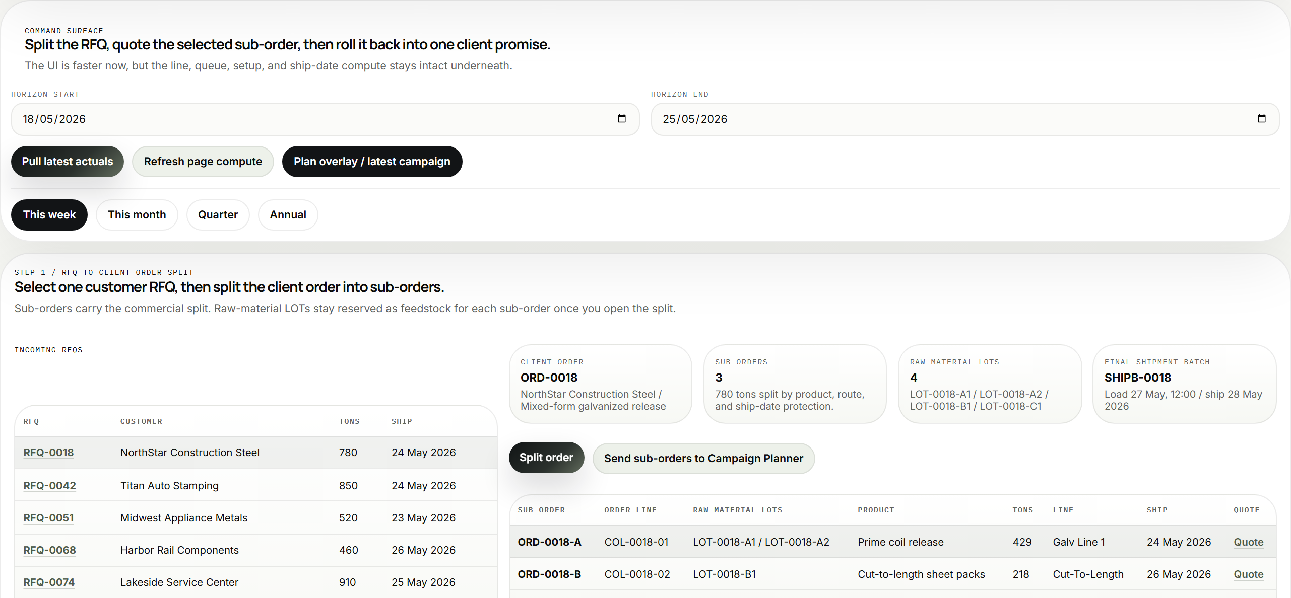 Quote Desk screenshot showing RFQ split, sub-orders, raw-material lots, and quote controls